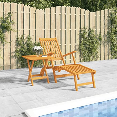 LAPOOH Garten-Liegestuhl mit Fußteil und Tisch, Gartensessel, Campingstuhl, Terassenstühle, Gartenmöbel, Balkon Stühle, Balkonstuhl, Hochlehner, Stühle Für Draußen, Massivholz Akazie