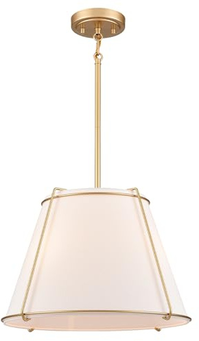 AXILAND Cone Pendant Light Fixture with Metal Lantern Fabric Drum Shade 16 White and Gold Chandeliers for Kitchen Dining Room Living Room Bedroom