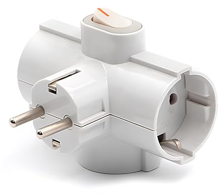 Adaptador de Enchufes Europeos con 3 Tomas y Interruptor, Ladrón Triple de Pared con Toma de Tierra, Enchufe Múltiple de Portátil para Hogar y Oficina, Máx 3680W, 16A, 250V, Blanco