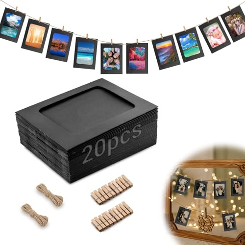 Mbsomnus 20 stycken fotogirlang 10 x 15 cm fotokoppel med klämmor svart | Bildram, med 20 träklämmor, 2 hamparep, kartong fotoram 6 tum, DIY, födelsedag, bröllop, fest, vägg