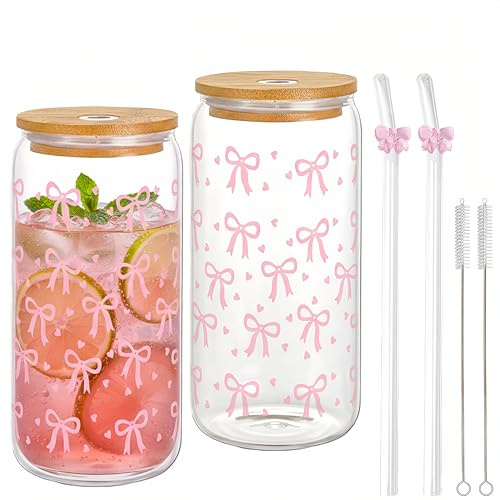 500ml Glas Trinkbecher Glasbecher mit Deckel und Strohhalm 2 Stück