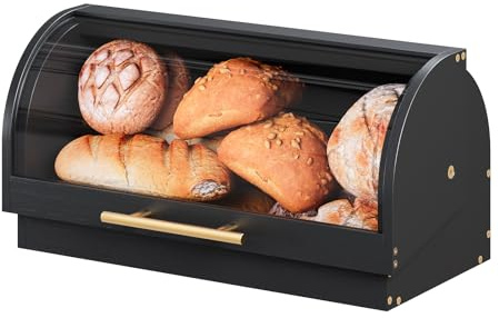 Trironsun Roll Top Bread Box for Kitchen Counter Bamboo Bread Storage Container with Acrylic Door Space-Saving Bread Keeper with Lid for Homemade Bread (Black, 1 Layer)