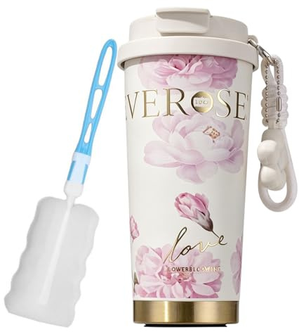 Travel Mug 530ml/18oz Insulated Coffee Mug – Stainless Steel Leak-Proof Portable Coffee Cup with Hidden Straw – Perfect for Hot and Cold Drinks – Birthday Gifts – White Floral