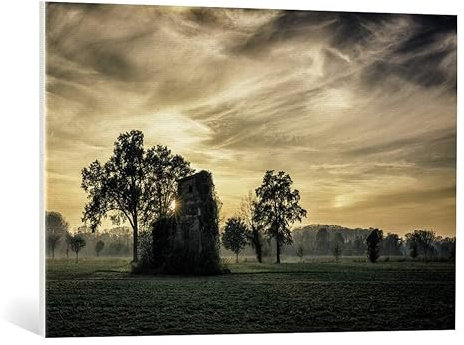 kunst für alle Leinwandbild: Denis Bondioli Altes verlassenes Haus bei Sonnenuntergang von Vegetation bedeckt - hochwertiger Druck, Leinwand auf Keilrahmen, Bild fertig zum Aufhängen, 90x60 cm