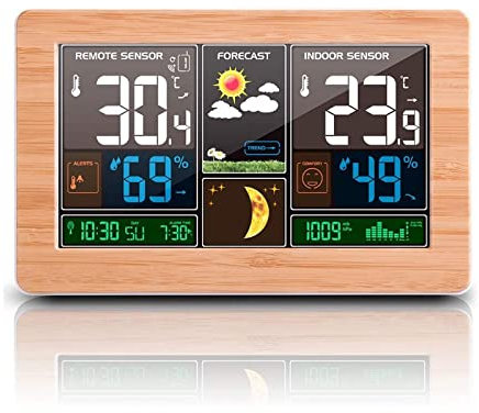 Station Météo Thermomètre Hygromètre Baromètre Intérieur Extérieur avec Capteur LED Ecran, Rétro-éclairage Horloge Numérique Affichage Heure Date Jour Phase de Lune (Jaune)