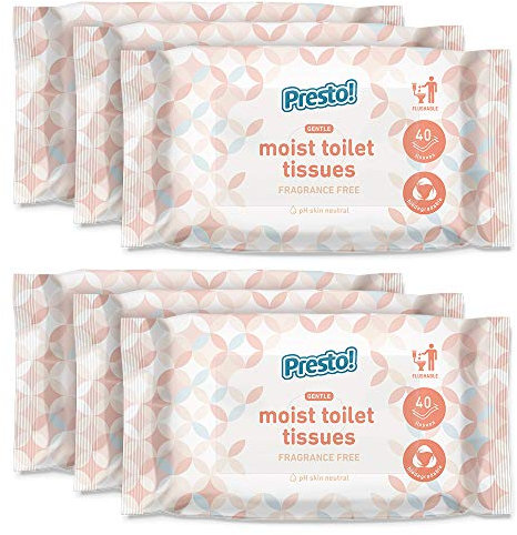 Amazon-Marke: Presto! Feuchttücher, Sanft, Spülbar, Unparfümiert, 240 Stück (6 Packungen mit 40)