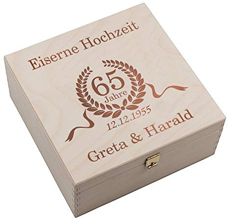 4youDesign Echtes Hufeisen in Holz-Geschenkschachtel Jubiläumskranz 65 Jahre Eiserne Hochzeit – 2 Hufeisennägel zum befestigen – Jubiläumsgeschenk – Glücksbringer zum Hochzeitstag- 17x17x3,5cm