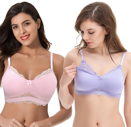 Curve Muse - Reggiseno per Allattamento, in Cotone, Senza Ferretto, con Bordo in Pizzo-Confezione da 2-Rosa,Lavanda-4D