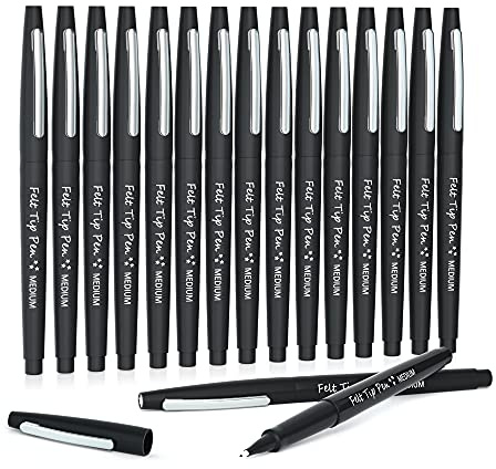 Lelix Felt Tip Pens, 15 Black Pack, 0.7mm Medium Point, Felt Tip Markers Pens for Journaling, Writing, Note Taking, Planner, Perfect for School Office and Art Supplies