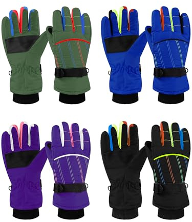 Geyoga 4 Paar Kinder Winddichte Skihandschuhe Winter Warme Schnee Handschuhe für Jungen Mädchen (Lebhafter Stil, 3-6 Jahre)
