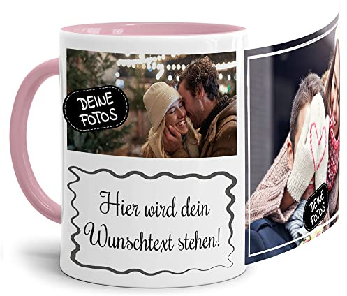 Foto-Tasse selbst gestalten mit Text & Collage für 2 Fotos - Geschenk für Familie, Freunde, Geburtstag, Weihnachten - Keramik Innen & Henkel Rosa, 300 ml I Personalisiert