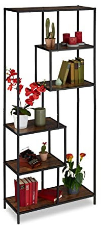 Relaxdays Scaffale Libreria Stile Industrial, 6 Ripiani, Effetto Legno, Mobile Vintage, 186x78x33 cm, Nero Marrone Scuro