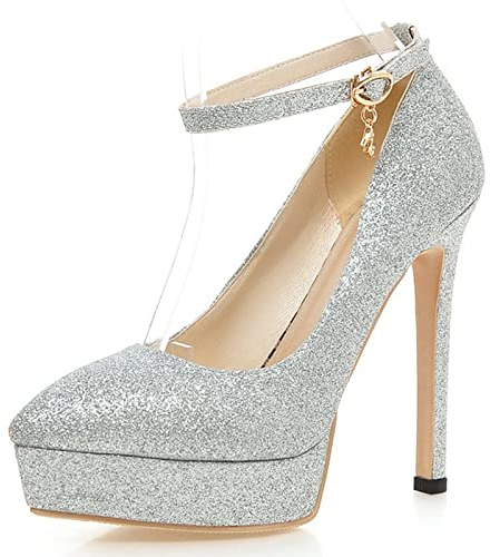 Lizoleor Donna con Cinturino alla Caviglia Sposa Vestito Serata Tacco A Spillo Pump Appuntito Formal Tacco Alto Plateau Prom Scarpe Argento Numero 34 EU