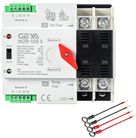 GEYA Mini ATS Interruttore di commutazione automatico/manuale,interruttore solare doppia alimentazione con protezione sovratensione e sottotensione 50/60Hz rete a generatore CA(2P 100A 220V)