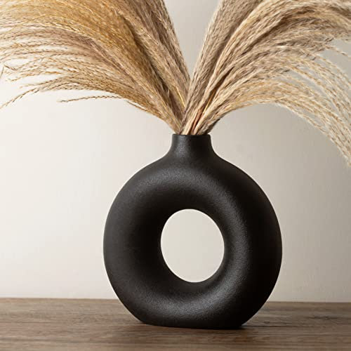 Black Vase Ceramic for Pampas Grass, Living Room Accessories, Matte Black Donut Round Circle Vase, Mono Room Decor, Bedroom Accessories, Modern Shelf Decor
