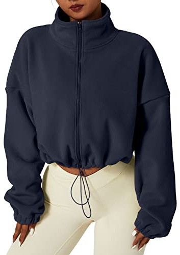 QINSEN Women's Full Zip Fleece Jacket Stand Collar Winter Warm Cropped Outwear Baggy Sherpa Short Coat Navy L