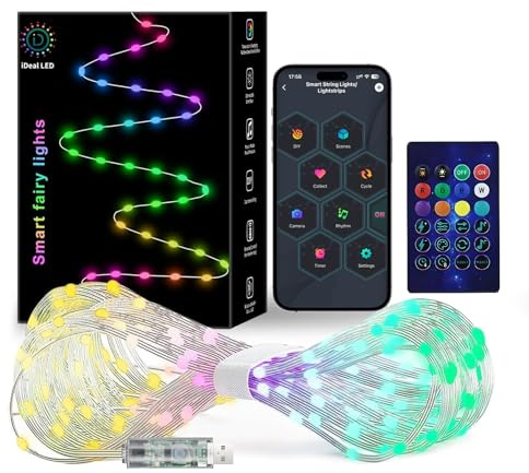 Super RGB Smart Fairy String Lights, 33Ft Usb DIY Twinkle Lights w/Remote & App Controlled, music sync,12 Modes, Multicolor & Warm White for Bedroom, Christmas, Parties,Wedding,Centerpiece, Decoration