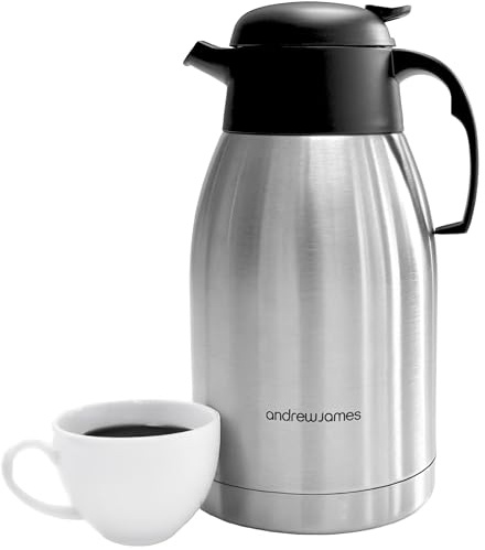 Andrew James 2L Thermal Coffee Carafe Double Walled Vacuum Jug, Stainless Steel Insulated Tea & Coffee Pot for Hot and Cold Drinks, Thermal Jug Flask Leak Proof Dispenser, Durable and Portable
