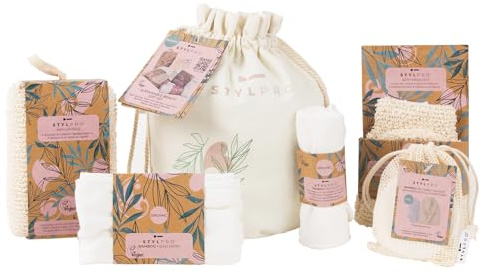 STYLPRO Sustainable Beauty Gift Set – 9-Piece Vegan Spa Kit with Bamboo Face Cloth, Makeup Remover Pads, Bath Mitt, Sponge & Organic Cotton Bag – Eco-Friendly, Reusable & Giftable