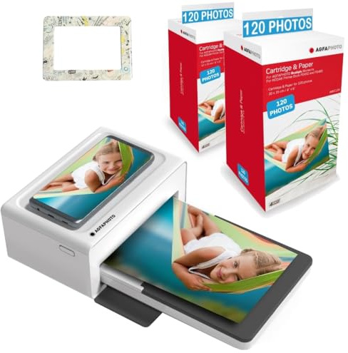AgfaPhoto Pack Imprimante Realipix Moments + Cartouches et papiers 240 Photos + Joli Cadre magnétique - Impression Bluetooth Photo 10x15 cm, iOS et Android, 4Pass Sublimation Thermique - Blanc