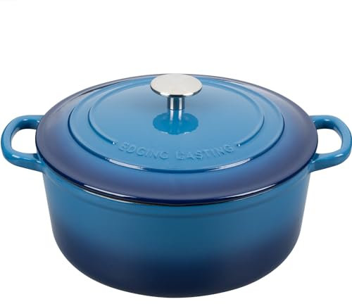 EDGING CASTING Olla holandesa de hierro fundido esmaltado con tapa, 7 cuartos de galón, hornos holandeses redondos para hornear pan, horno de pan, apto para horno hasta 260.0 °C, azul lago
