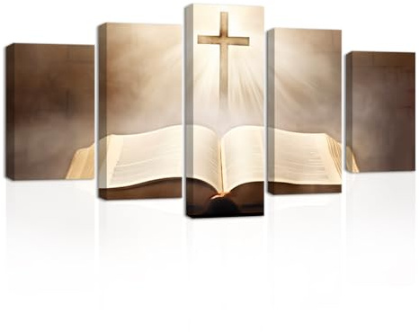 CXHOSTENT Jesus Leinwand Wandbilder 5 teilige Heilige Bibel und Kreuz Kunstdrucke Gott Poster christliche spirituelle Bilder für Gebetsraumdekoration (A, 150.00 x 80.00 cms)