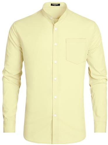HISDERN Camicia da uomo in cotone, a maniche lunghe, da lavoro, per il tempo libero, senza colletto, non necessita di stiratura, da uomo, con tasca, S-4XL, Crema A1, XXL