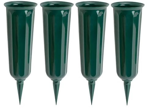 Bayli 4er Set - Grabvase aus Kunststoff mit Erdspieß | Friedhofsvase in Grün | Grabsteckvase | frostsicher Steckvase für Grab | wetterfeste Blumenvase für Friedhof | witterungsbeständiger Grabschmuck