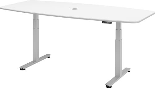 bümö Konferenztisch elektrisch höhenverstellbar 220x103 in weiß, Gestell: Silber - elektrischer Besprechungstisch oval mit Memoryfunktion höhenverstellbarer Meetingtisch
