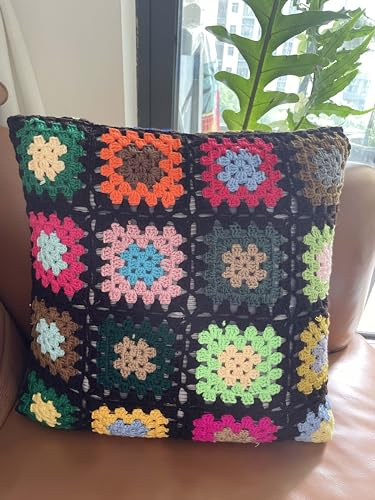 RISEON Granny Square Pillowcase Colorful Crocheted Pattern Throw Pillow Cover Crochet Cushions Cover for Couch Sofa Chair Boho Home Decor gift-17.7 x 17.7 inches (Dark brown)