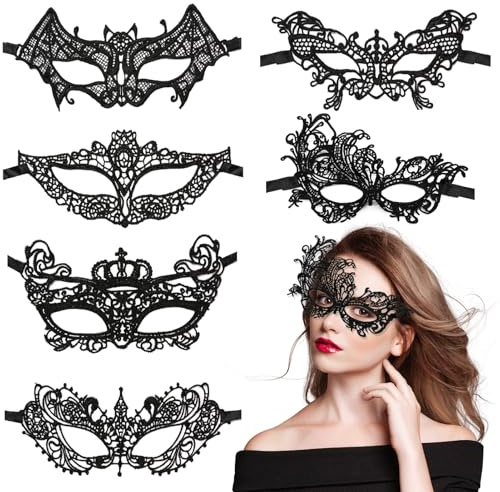 VOPIWOZ Halloween Maske Damen, 6 Pcs Spitzenmaske Schwarz Damen, Venezianische Maske Spitze, Halloween Augenmaske Aus Spitze Ideal für Maskenball, Halloween und Fasching