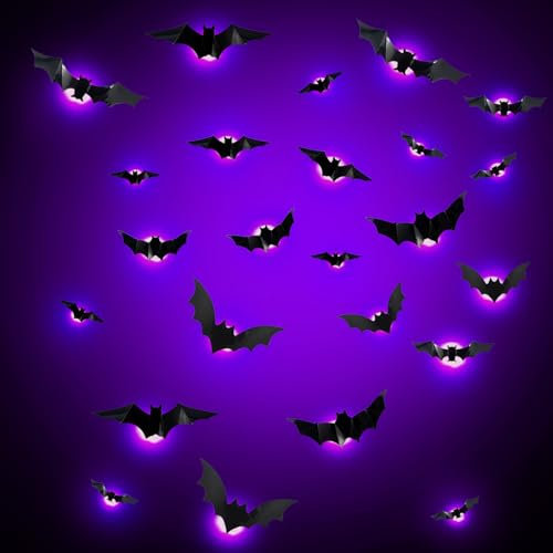 Halloween Decorazioni Pipistrelli 24 Pezzi Bagliore 3D Viola Pipistrello da Appendere Porta Adesivi Casa Forniture Festa di Halloween per Finestra Muro Porta di Casa