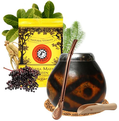 Yerba Mate Tee set mit natürlicher Kalebasse Diamante ● Kürbistasse und Strohhalm Edelstahl Bombilla ● Yerba Mate Green Energy 50g ● Mate Gourd Set ● Accessories