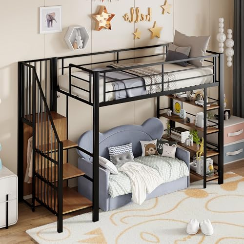 Zravenna Hochbett 90x200cm mit Sicherheitsleiter und Treppe, Metall Jugendbett mit Stauraum, Eisenrahmen und Ablagefläche, Kinderbett, Einzelbett, MDF&Metall (Schwarz, 90x200cm-B)