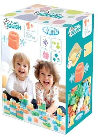 Mochtoys Bloques de construcción para niños - 24 bloques de colores, hermosos colores pastel, desarrolla habilidades motoras y sensoriales, compatible con la serie Play&Squish, juguete de construcción