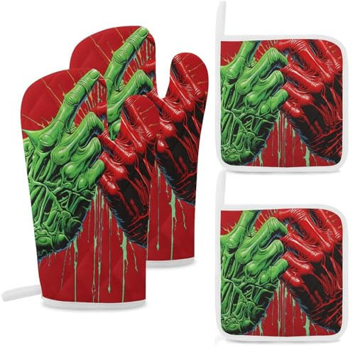 Lot de 4 maniques et maniques de cuisine résistantes à la chaleur - Antidérapantes - Rouge et vert