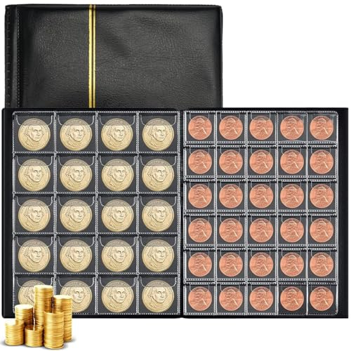 250 Pockets Coin Collection Book,Coin Collecting Storage,21.8x16.8cm Coin Collection Coin Album,PU Leather Cover Coin Collection Holder Book, PVC 10 Pages Coin Sleeves for Coins,Stamps,Medallions