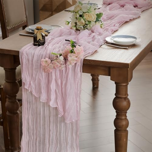 Käsetuch Rosa Boho Tischläufer 90 x 400 cm Seihtuch Hochzeit Tischband | Tischläufer Dekoration outdoor Durchsichtiger Läufer für Party Weihnachten Geburtstag Jahrestag Taufe