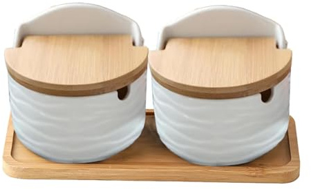Filvczt Recipientes Para Sal, Salero De Cerámica, Tarro De Almacenamiento De Condimentos, Con Elegante Diseño De Cerámica, Práctica Tapa Y Cuchara De Madera, 22,8x10,8x9,5 Cm, Para Mostrador