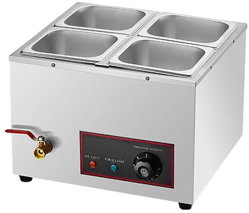 Scaldavivande Commerciale, Scaldavivande Commerciale a Buffet, Acciaio Inossidabile, capacità di Ogni Vassoio 2,5 L (4 Vassoi), Intervallo di Temperatura 30-85 °C, con Coperchi, Rubinetto di Scarico