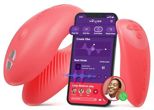 WE-VIBE Chorus Einstellbarer Paarvibrator mit Voller Kontrolle über Fernsteuerung oder Paar-App, C-Form mit Starken Vibrationen; 100% Wasserdicht, Bluetooth-Steuerung, Coral