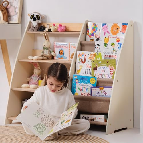 Goodevas Kinderbuchregal – Stylische Holz-Bücherregale für Kinder Einzigartig Design, sicherer und funktionaler Spielzeugorganisator für Schlafzimmer, Spielzimmer und Kinderzimmer (Ivory, Middle)