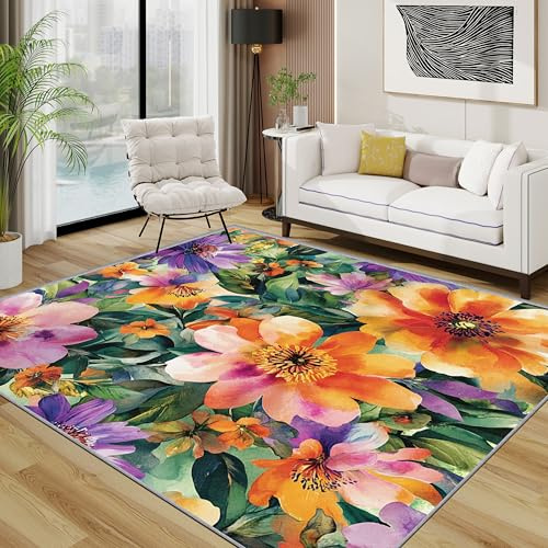 Generisch Blumen Teppich, Bunt Floral Teppiche rutschfest Waschbar Weich, Botanisch Mehrfarbig Wohnzimmerteppich Schlafzimmer Jugendzimmer, 120x180 cm, Orange Lila Rosa