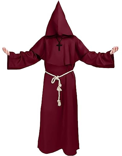 Kitimi Monk Costume Adult Men, Hooded Monk Robe Outfit, Costume Medieval Friar Hooded, Renaissance Priest Robe, Halloween Costumes for Men, Fancy Dress for Halloween Carnival