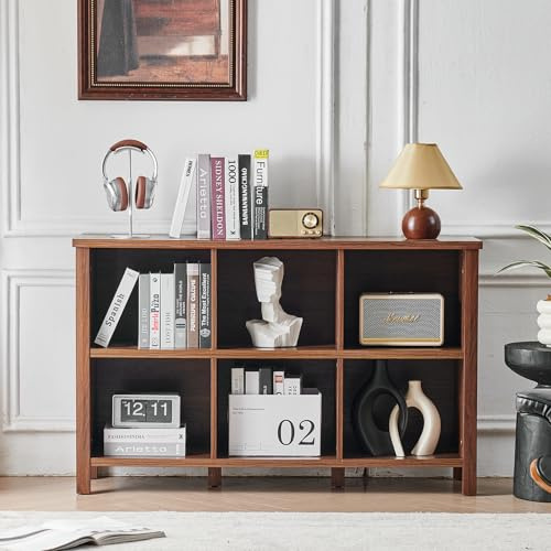 LELELINKY 6-Fach Holz Bücherregale, Braun Standregal, Multifunktionale Offene Schränke, Boden Bauernhaus Wind-TV-Schrank Stylisches Einrichtungshighlight für Wohnzimmer, Büro und Schlafzimmer