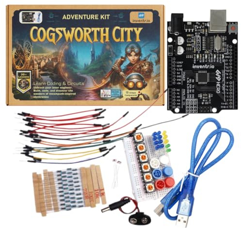 Arduino IDE Compatible STEM Learning Kit - Adventure Kit: Cogsworth City – Complete Beginner Coding and Electronics Course – Includes Hero R3 Board, LEDs, Sensors, Breadboard, and Components