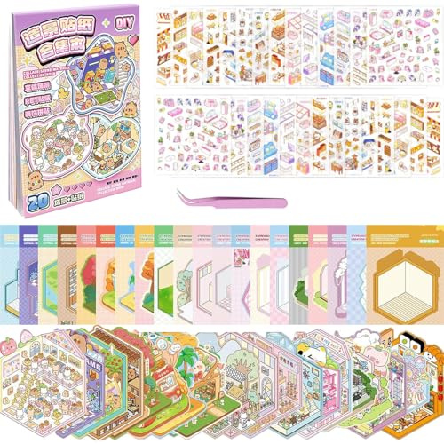 Kunoli 20 Sets DIY 3D House Stickers Scene Kit, Sticker Therapy, Stress Relief Creative Scene Sticker Book with 26 PET Stickers, 20 Miniature Cabins, 1 Tweezer, Gift for Adults Kids Girls Boys Teens