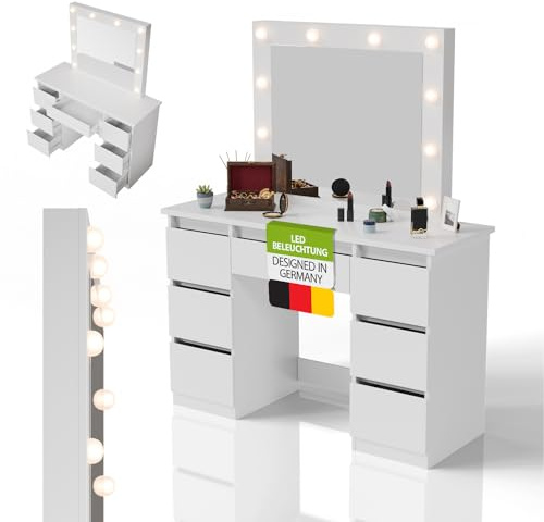 Juskys® Schminktisch Talea mit LED-Spiegel, 7 Schubladen, individuelle Lichteinstellung, viel Stauraum, modernes Design, kompakt & pflegeleicht — Weiß