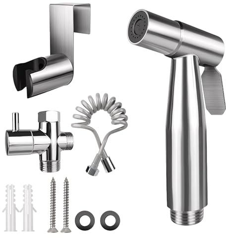 Handheld Bidet Sprayer Kit, Stainless Steel Toilet Bidet Shower with T-Valve Adapter & Spring Hose, Easy Install for Personal Hygiene, Baby Diaper, Pet Bath and Toilet Cleaning (Silver-Spring Tube)