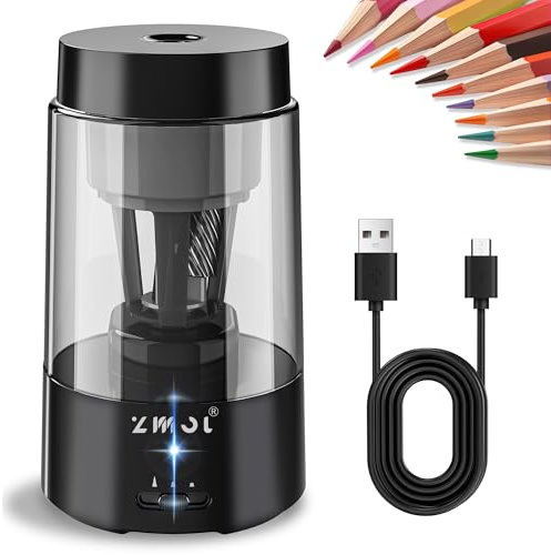 ZMOL Vollautomatischer Elektrischer Anspitzer für Klassenzimmer mit Behälter, Handsfree, Batteriebetrieben Wiederaufladbarer Bleistiftspitzer, Auto-Stopp für NO. 2 Stifte/Büro/Haus/Schule/Schwarz